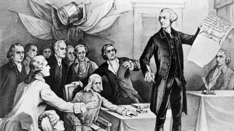 Litografie: Unterschrift Johan Hancocks unter die amerikanische Unabhängigkeitserklärung | Bild: dpa-Bildfunk